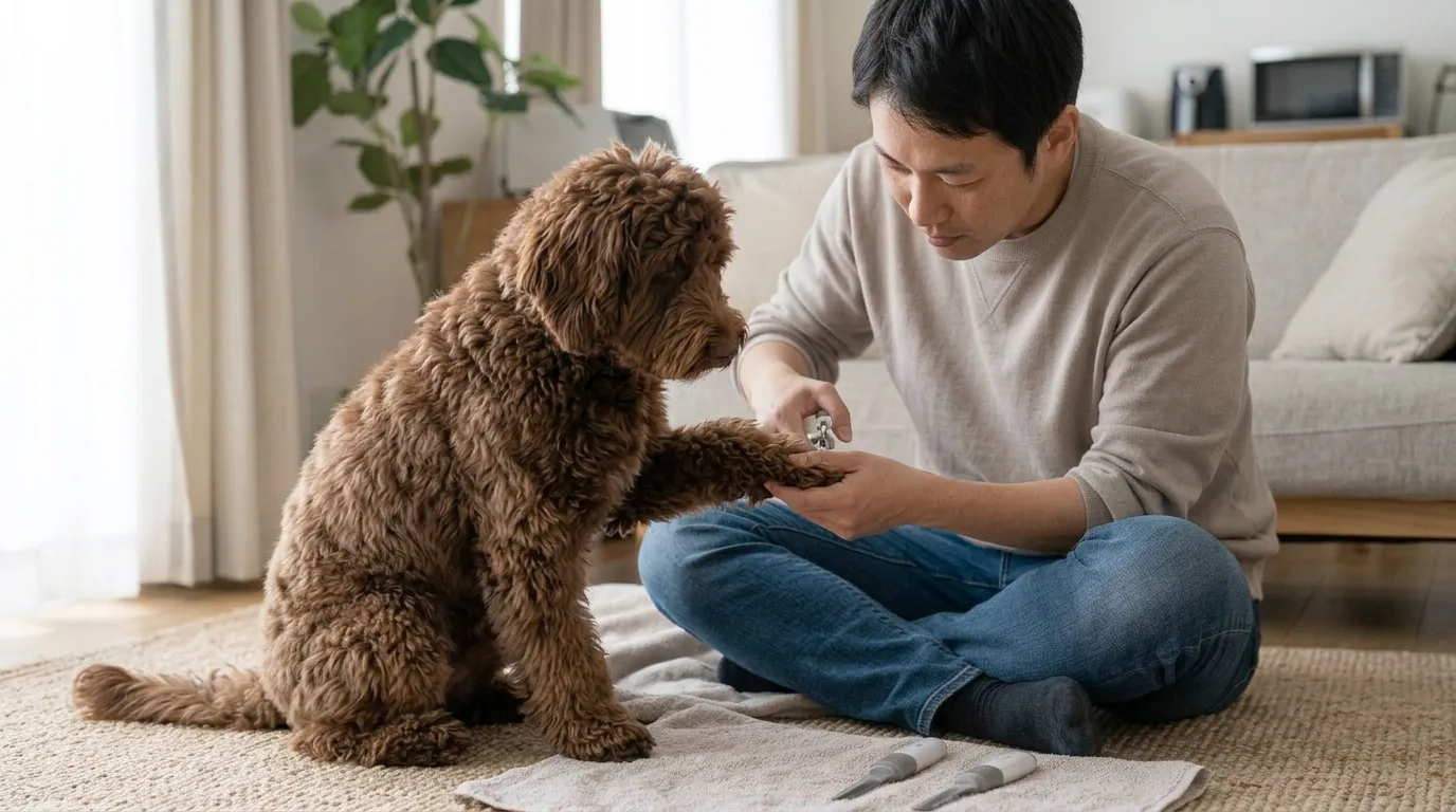 Man carefully cutting the nails of a brown curly-haired dog