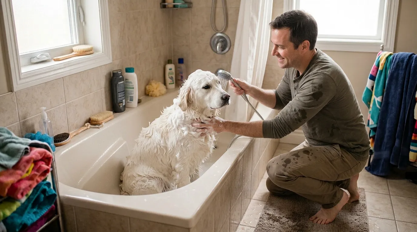 Man washing a white Golden Retriever mix dog in a bathtub