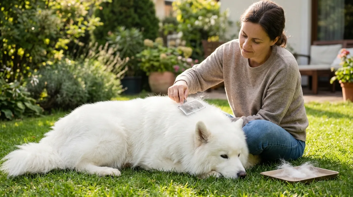 Owner grooming a white dog outdoors on green grass in a garden