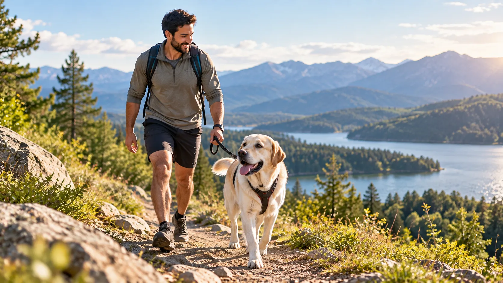Owner hiking with a large adult dog for daily exercise