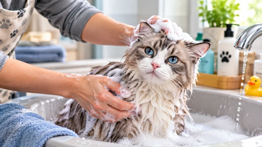 Owner gently bathing a cat in a sink at home