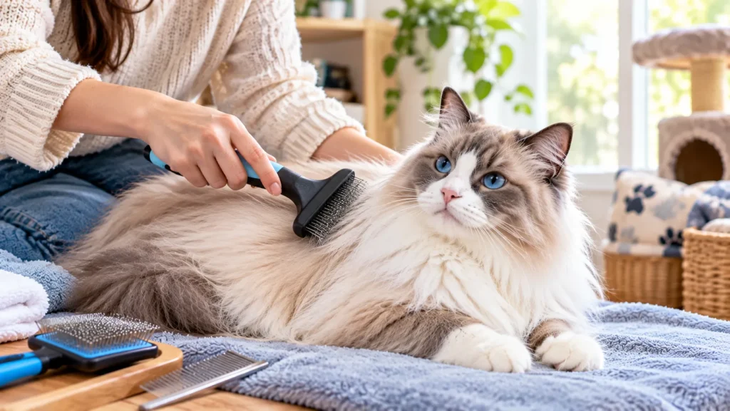 Owner gently brushing a long-haired cat at home