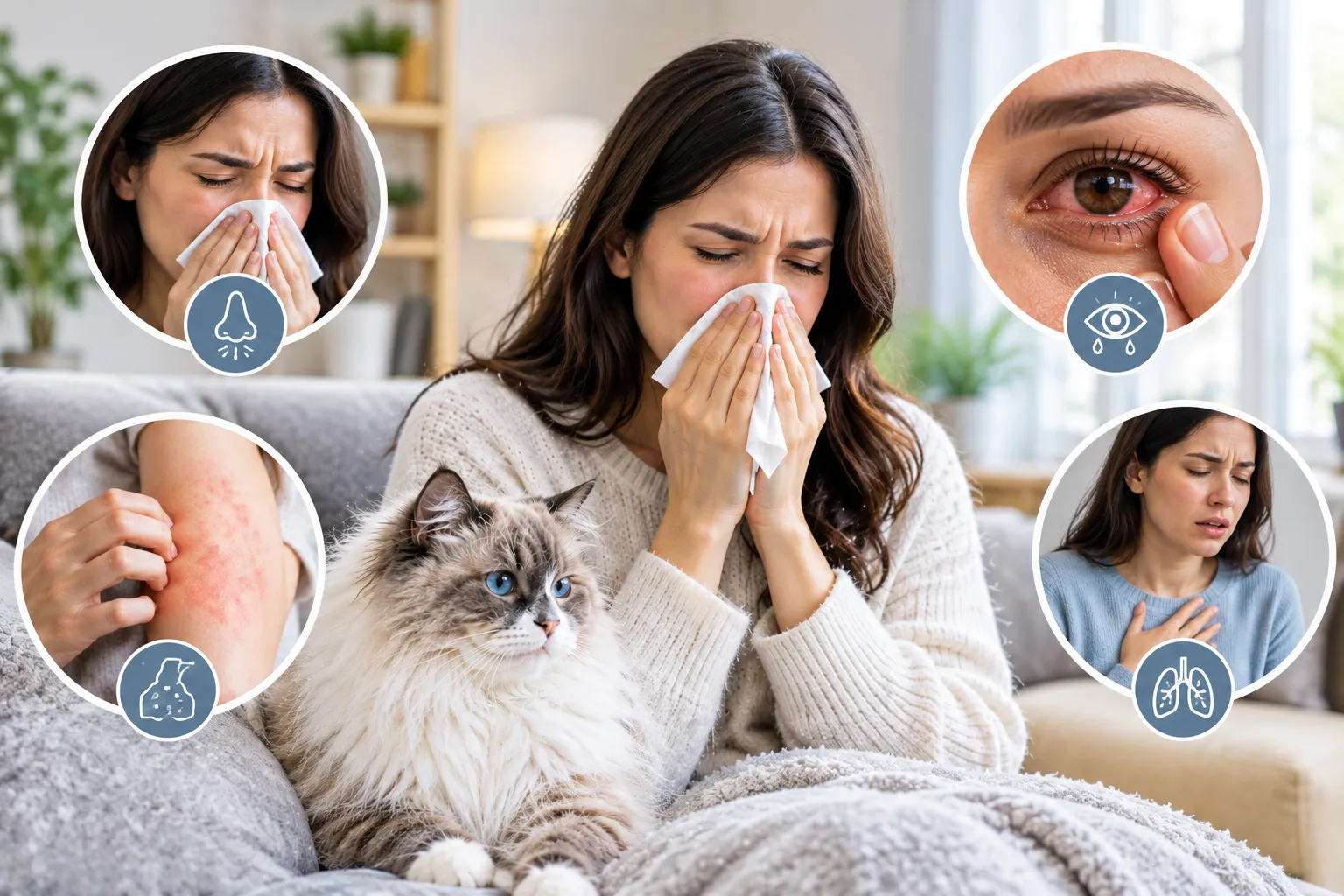 Woman experiencing sneezing, itchy eyes, skin irritation, and breathing symptoms from cat allergies