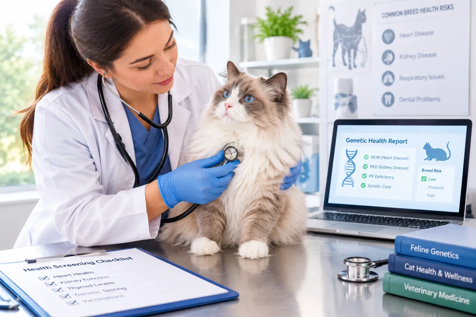 Veterinarian examining a cat during breed health screening