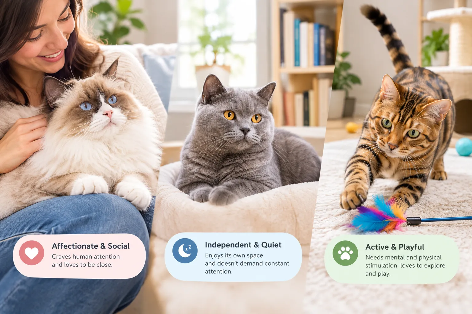 Affectionate, independent, and playful cats showing different personalities
