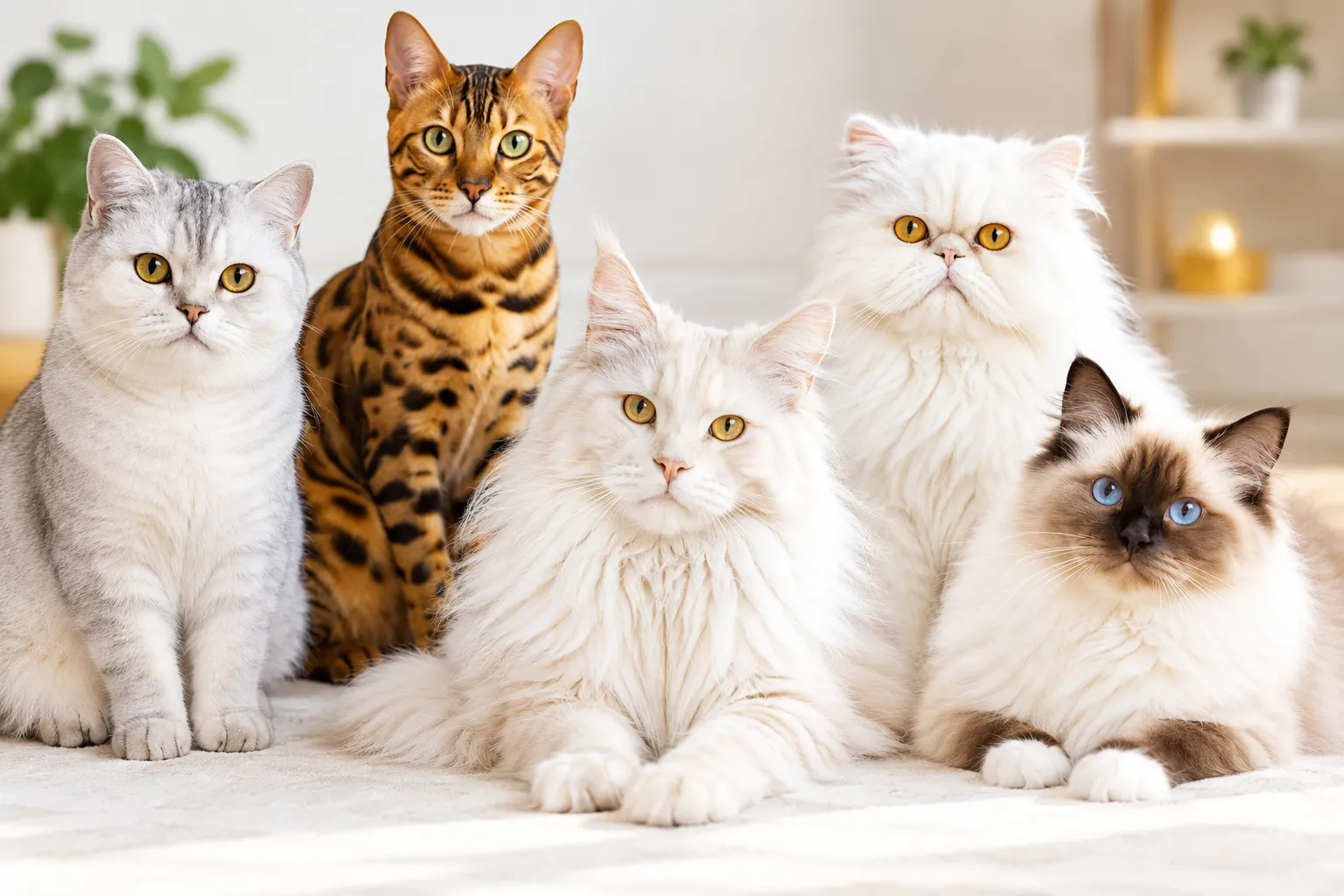 Fluffy white and golden cats alongside other popular cat breeds