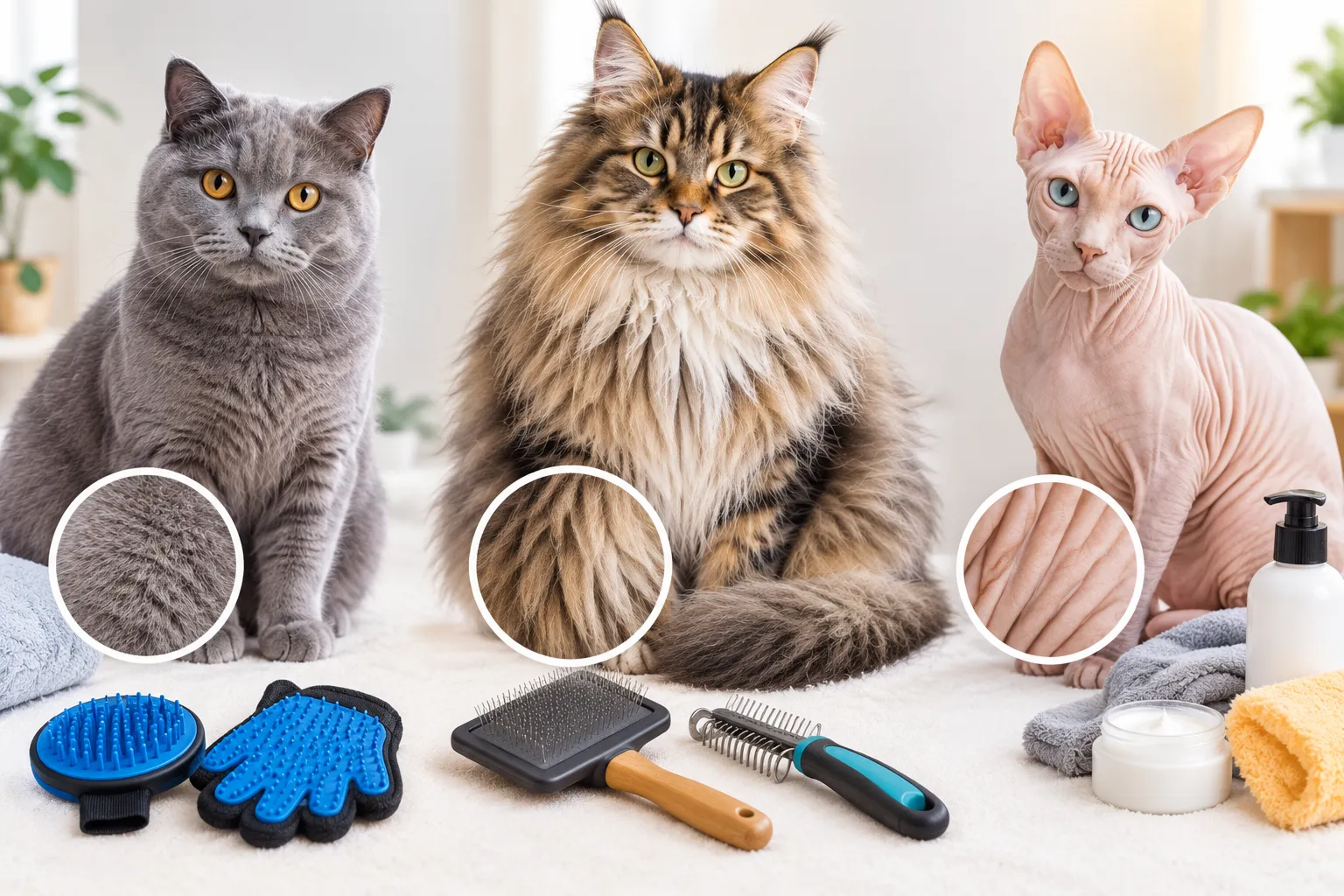 Short-haired, long-haired, and hairless cats with grooming tools