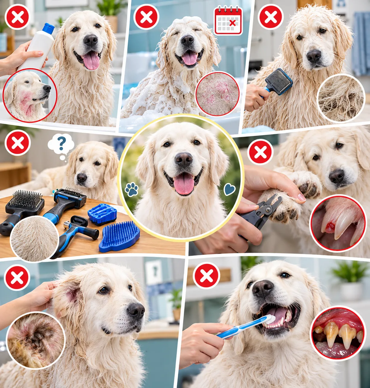White dog illustrating common grooming mistakes including improper bathing, brushing, nail trimming, ear care, and dental care
