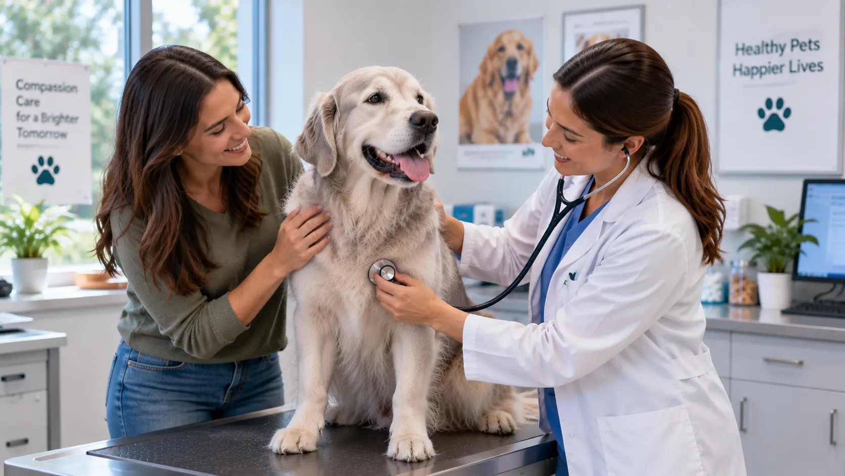 Veterinarian examining a large dog during a routine health checkup