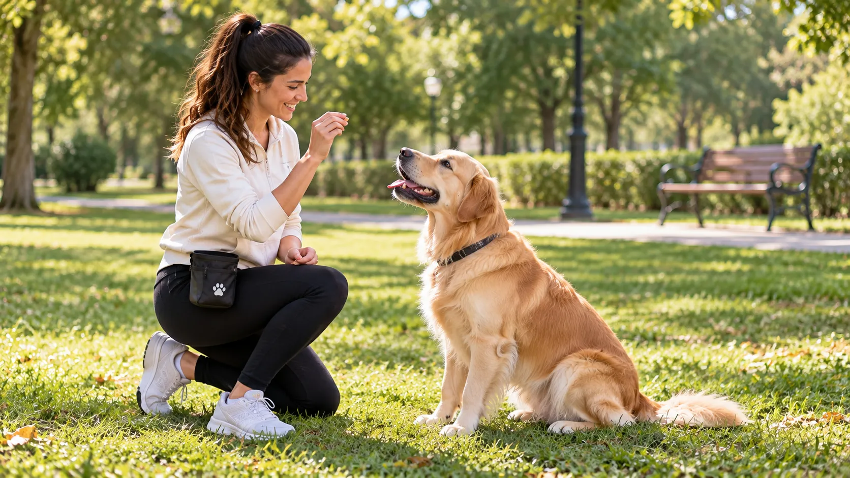 Owner training a Golden Retriever in a park using positive reinforcement