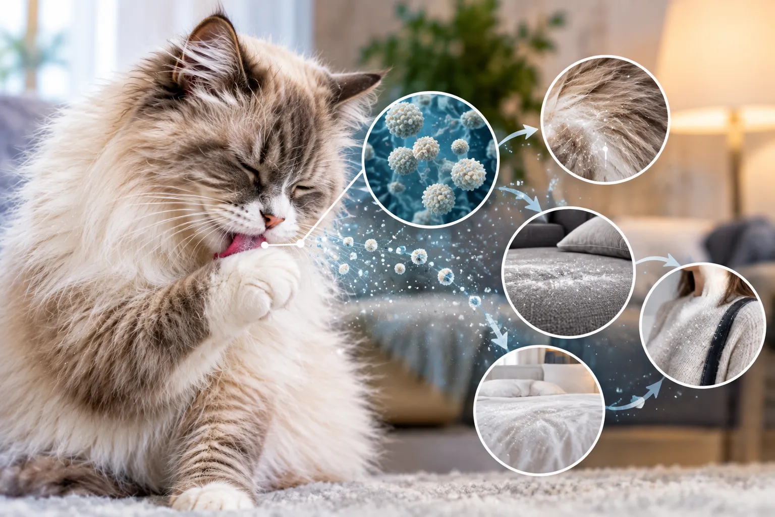 Fluffy cat grooming while cat allergens spread through the home