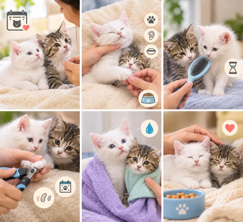 Owner gently introducing a kitten to grooming and paw handling
