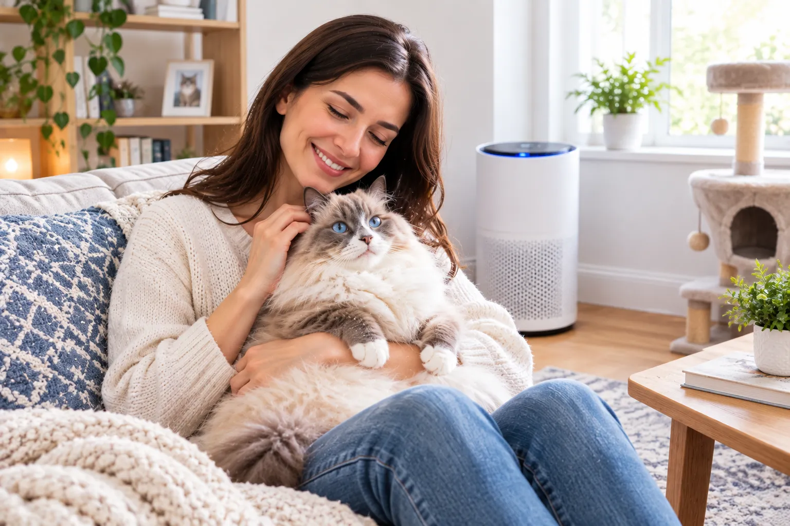 Woman comfortably cuddling a cat in a clean allergy-conscious home