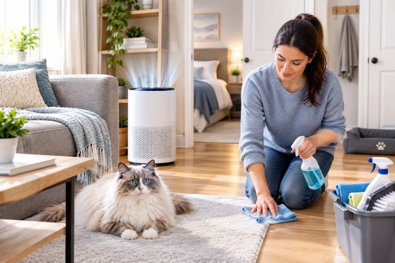 Woman cleaning a home with a cat and HEPA air purifier to reduce allergens