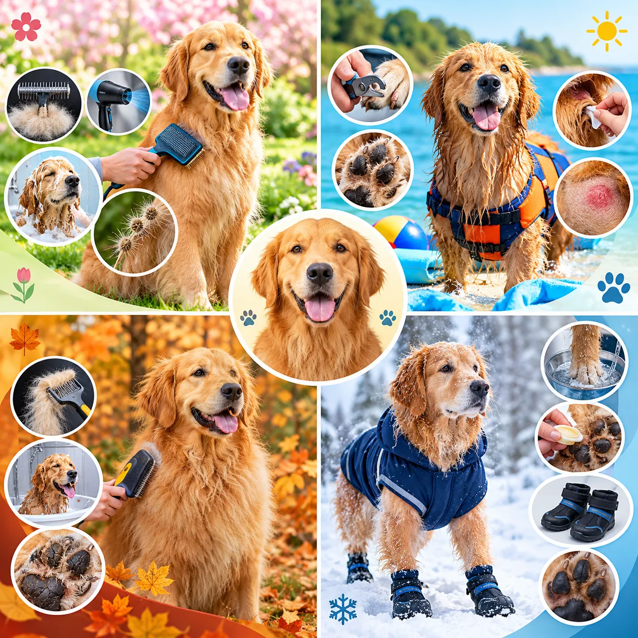 Seasonal dog grooming guide showing grooming care for spring, summer, fall, and winter