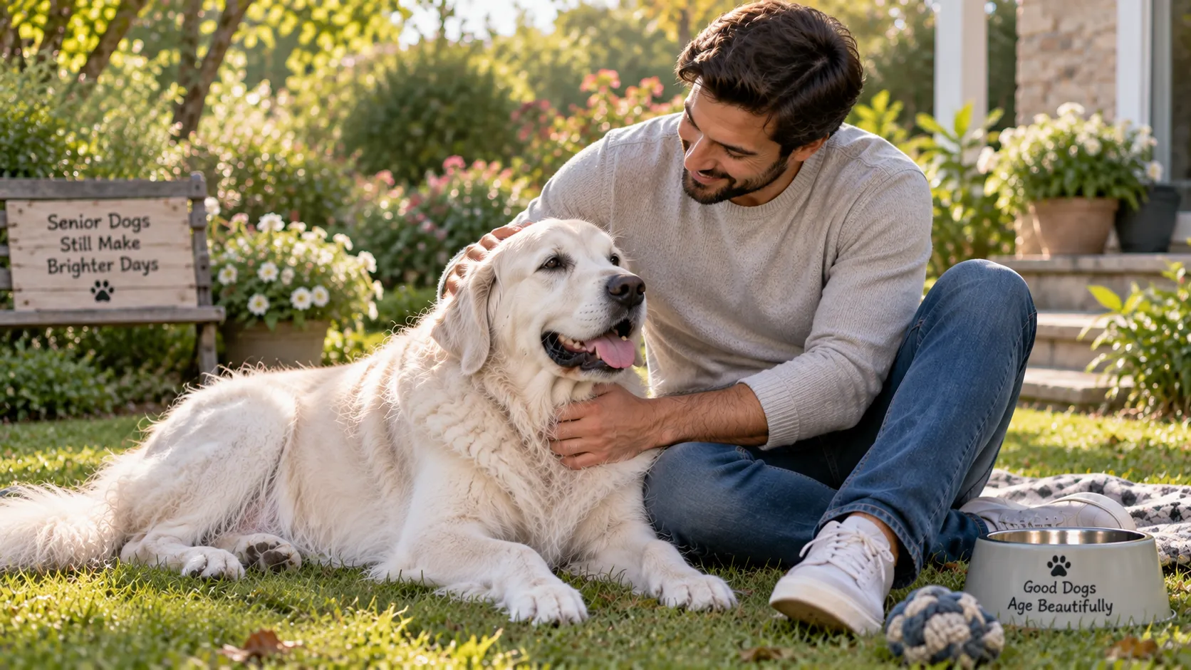 Owner gently caring for a senior white dog outdoors