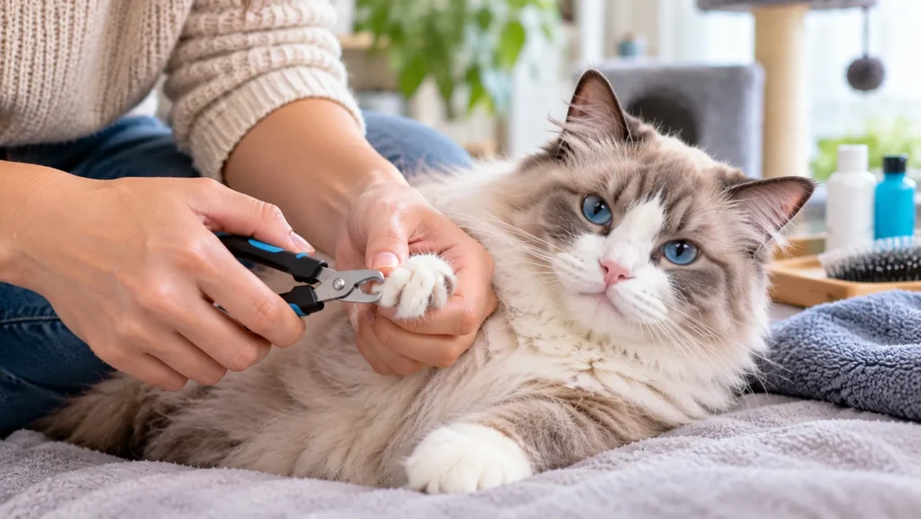 Owner carefully trimming a relaxed cat's nails at home