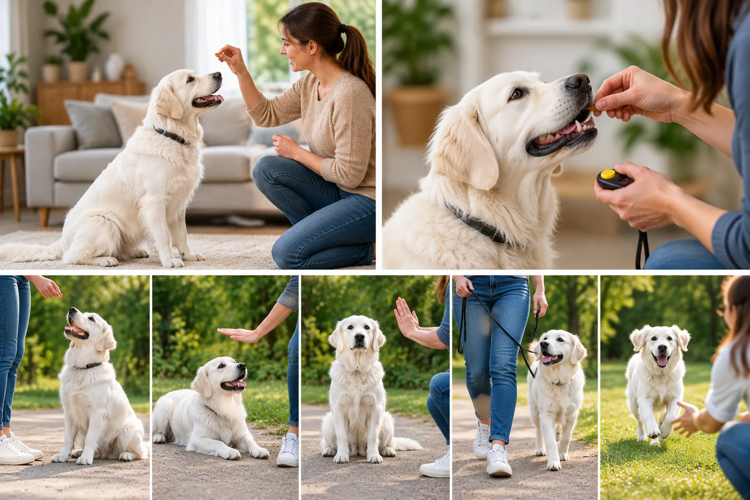 White dog practicing sit down stay loose leash walking and recall commands with an owner