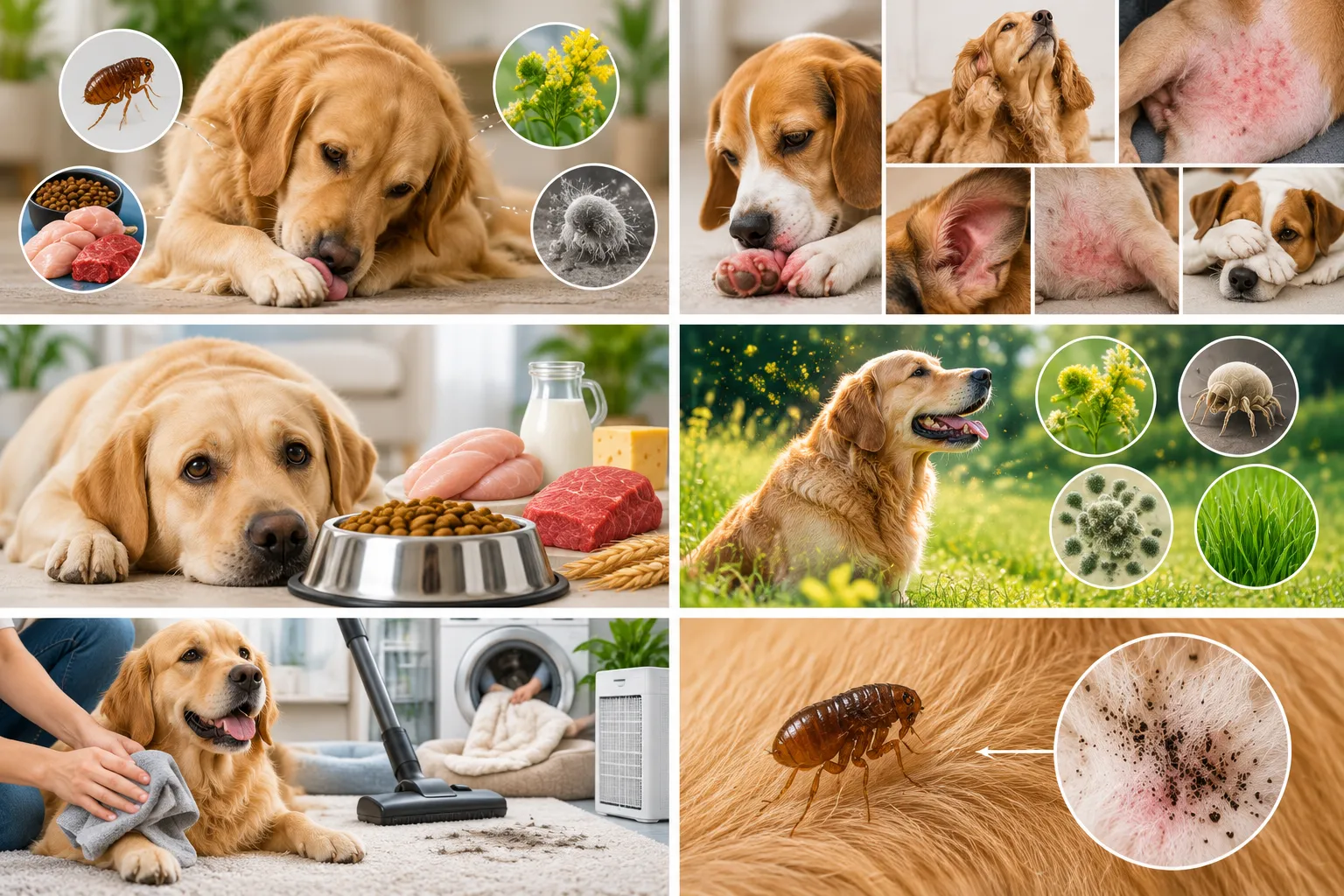 Common dog allergy signs including paw licking skin redness ear irritation and reactions to fleas food and pollen