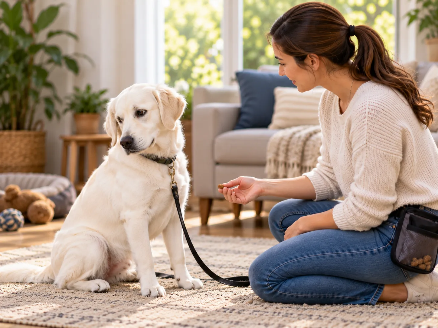 White dog turning its head away during training while the owner watches its body language