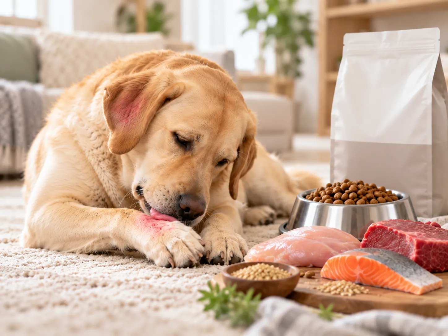 Dog licking an irritated paw near common food allergy triggers such as chicken beef and dog food