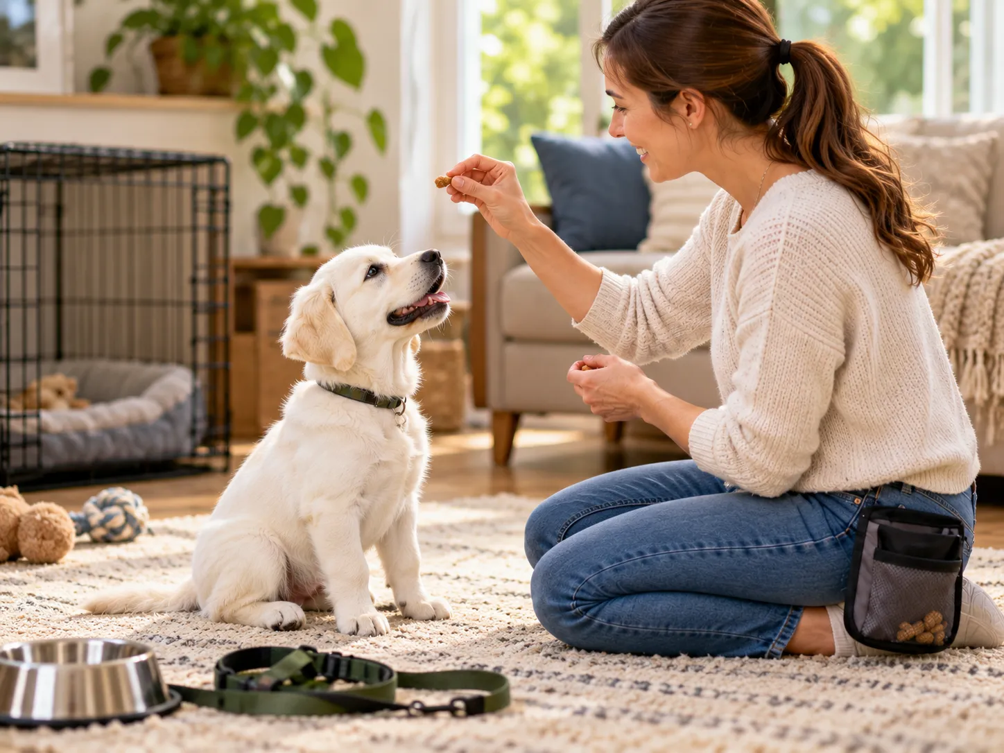 White puppy learning at home with an owner near a crate leash training treats and dog supplies