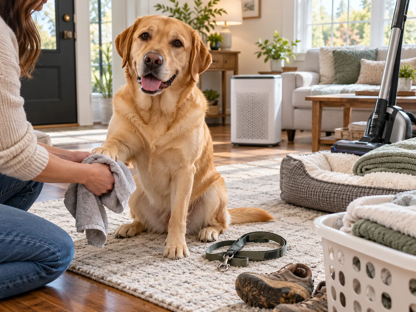 Owner cleaning a dog's paws while vacuuming washing bedding and using an air purifier to reduce allergens