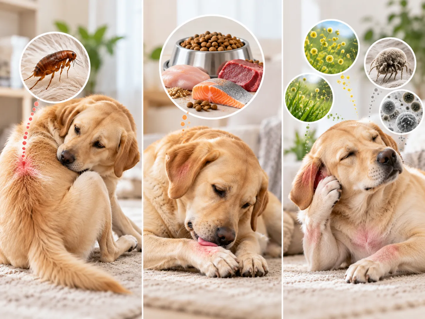 Flea food and environmental allergies in dogs shown with common symptoms and triggers